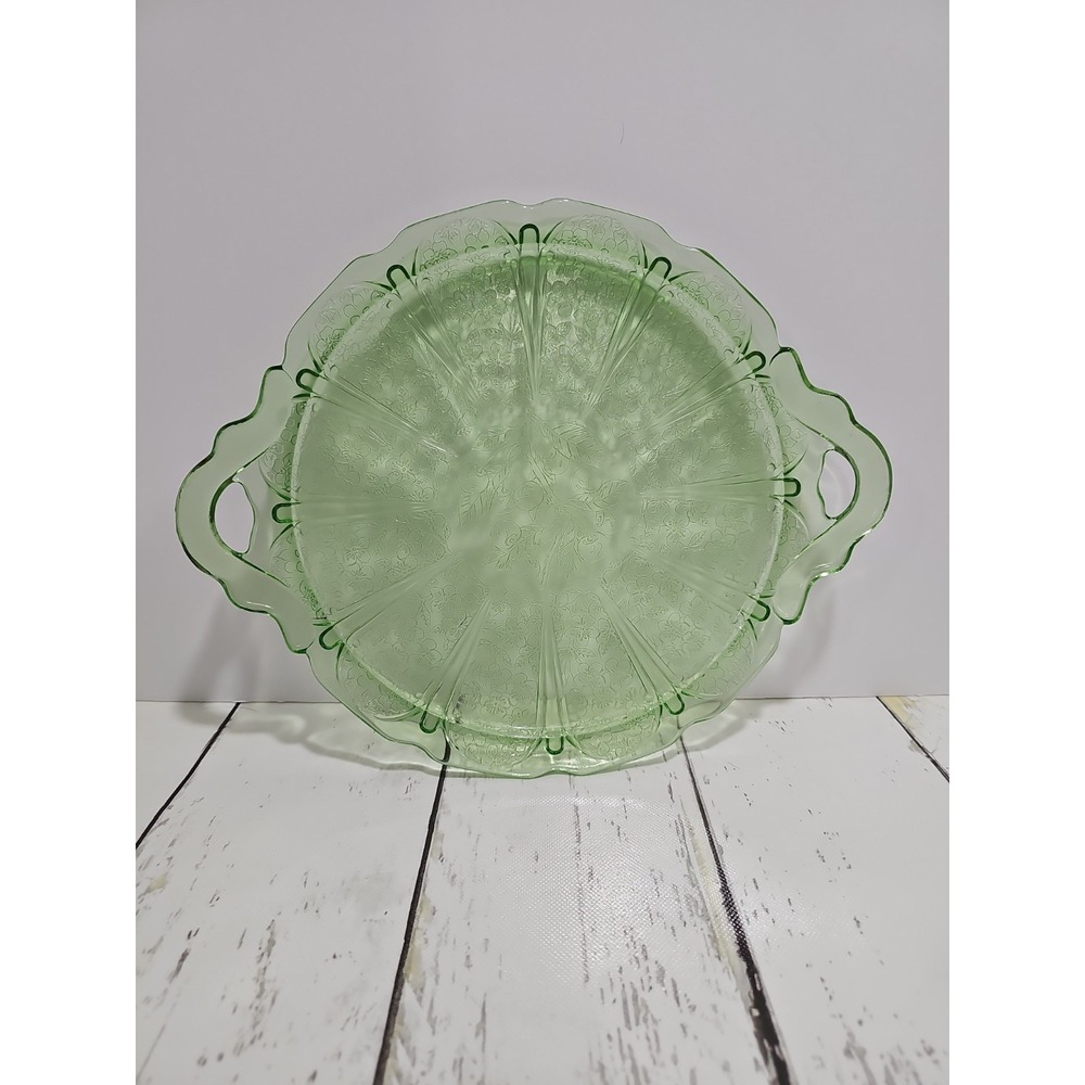 Jeanette Green Depression Glass  Cherry Blossom 2 Handled Cake Tray Plate